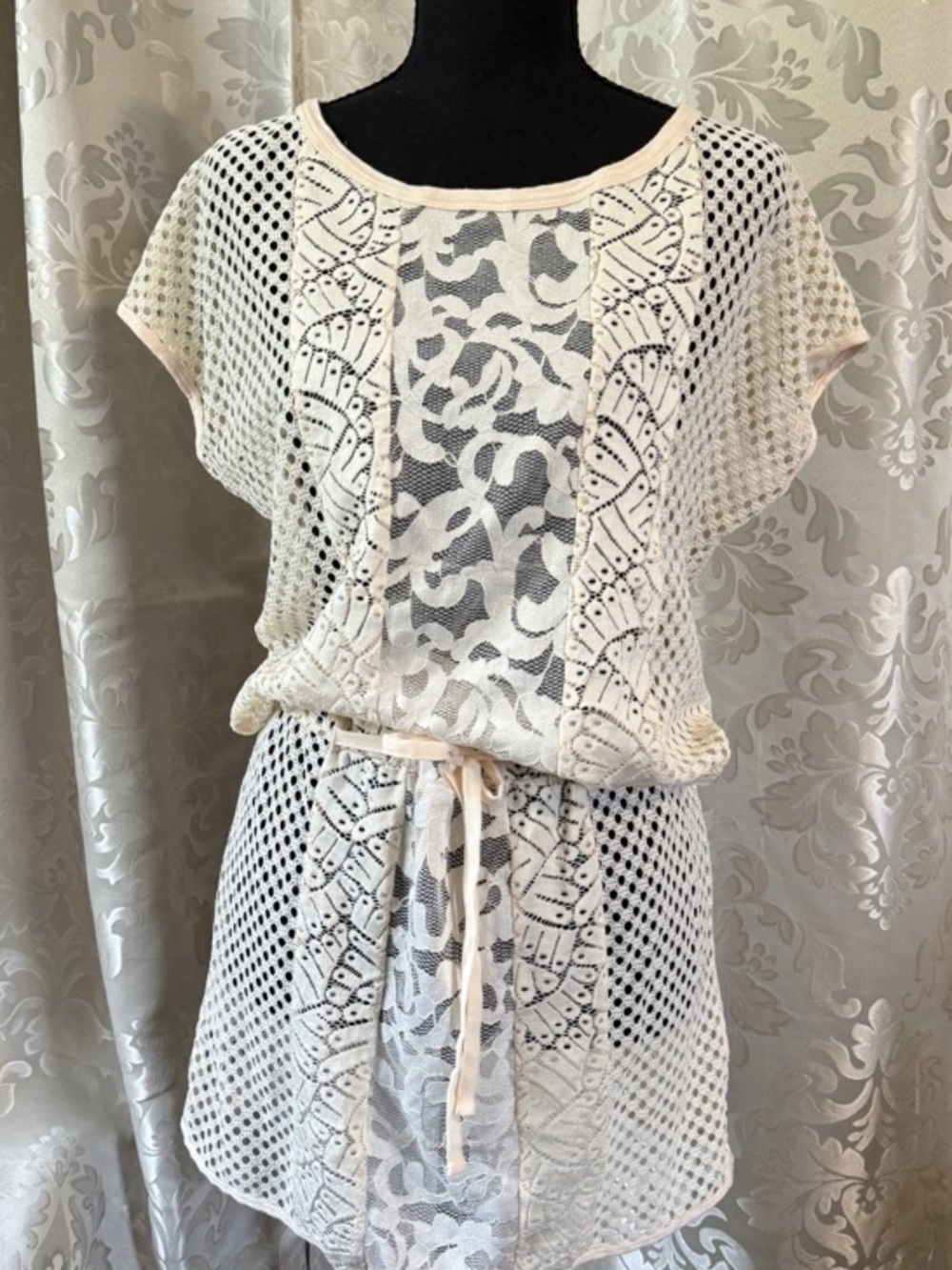 intimissimi Cream Lace Overlay Mini Dress with Tie Waist mesh sheer crochet
